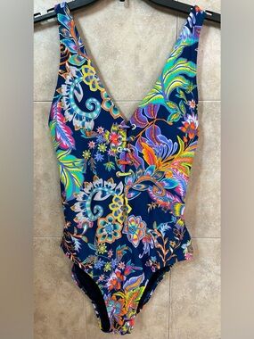 BCBGMAXAZRIA Blue Floral Lace Up One Piece Swimsuit Size Small